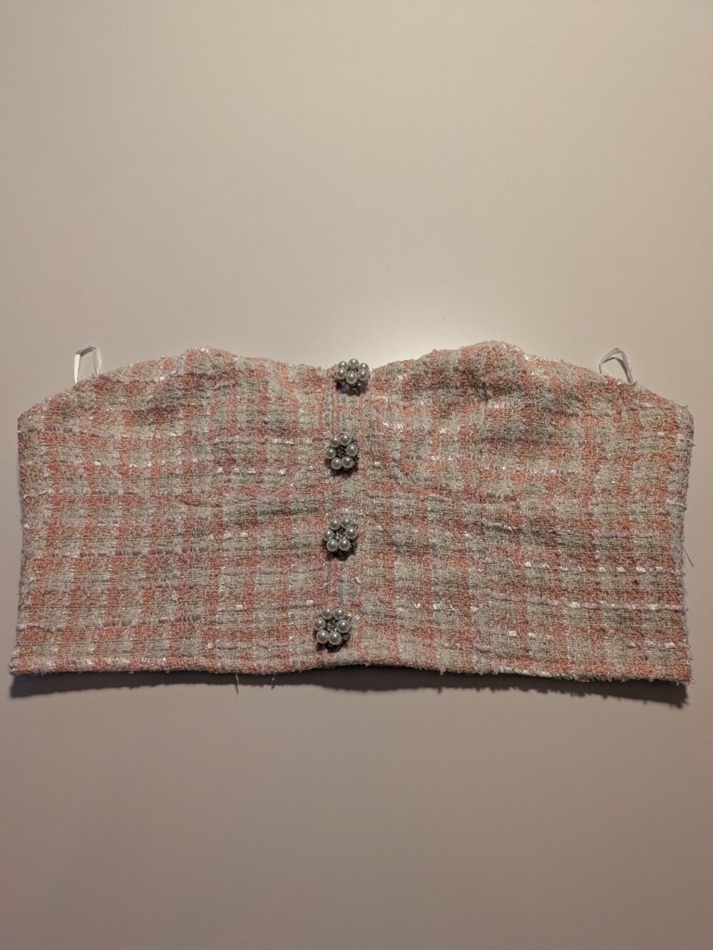 SHEIN Women’s Large Tweed Crop Top Pearl Button Strapless Pink White Bustier